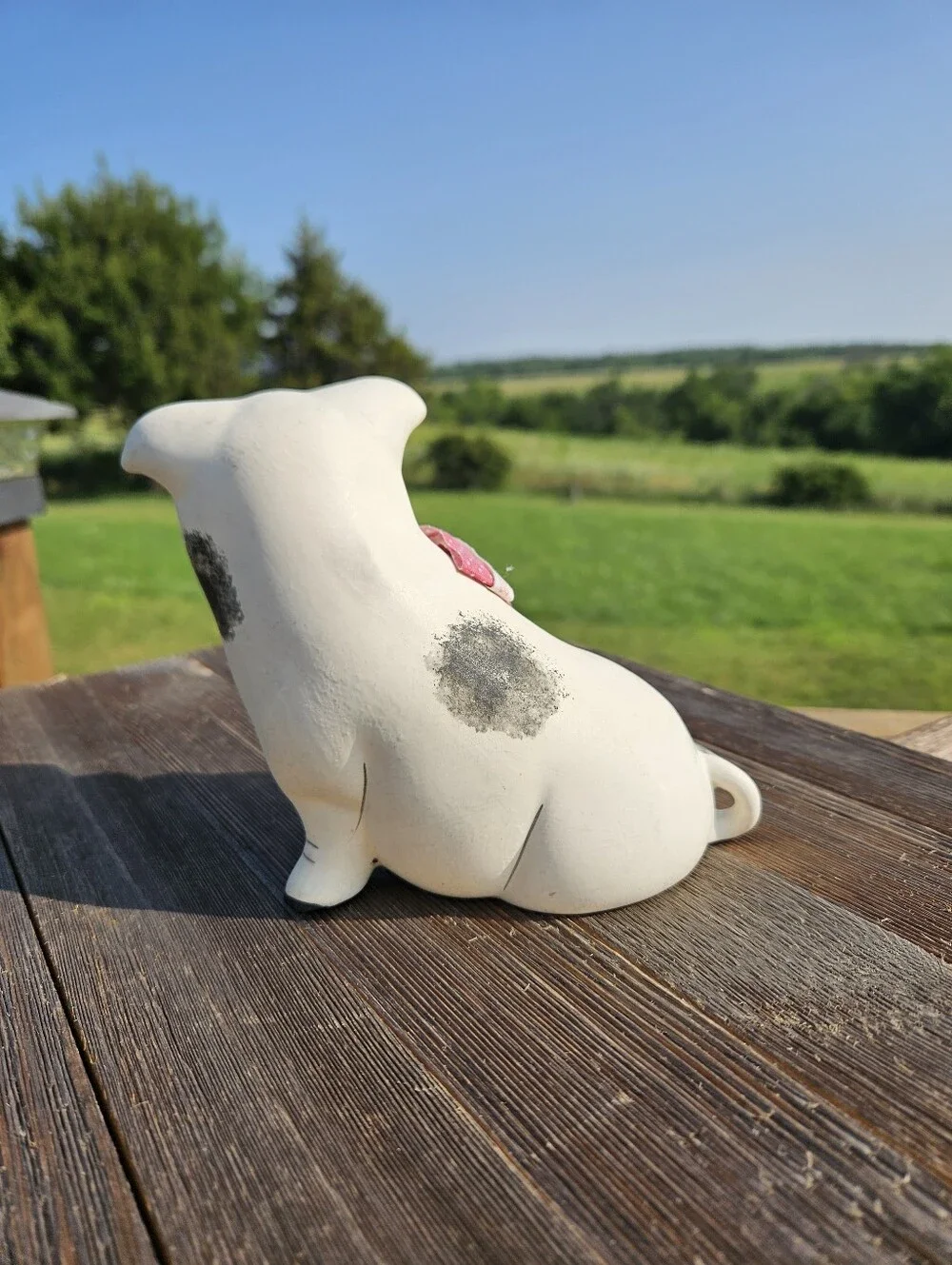COTTAGECORE Vintage Spotted White Ceramic Pig Statue Farm Animal Decor Plaid
